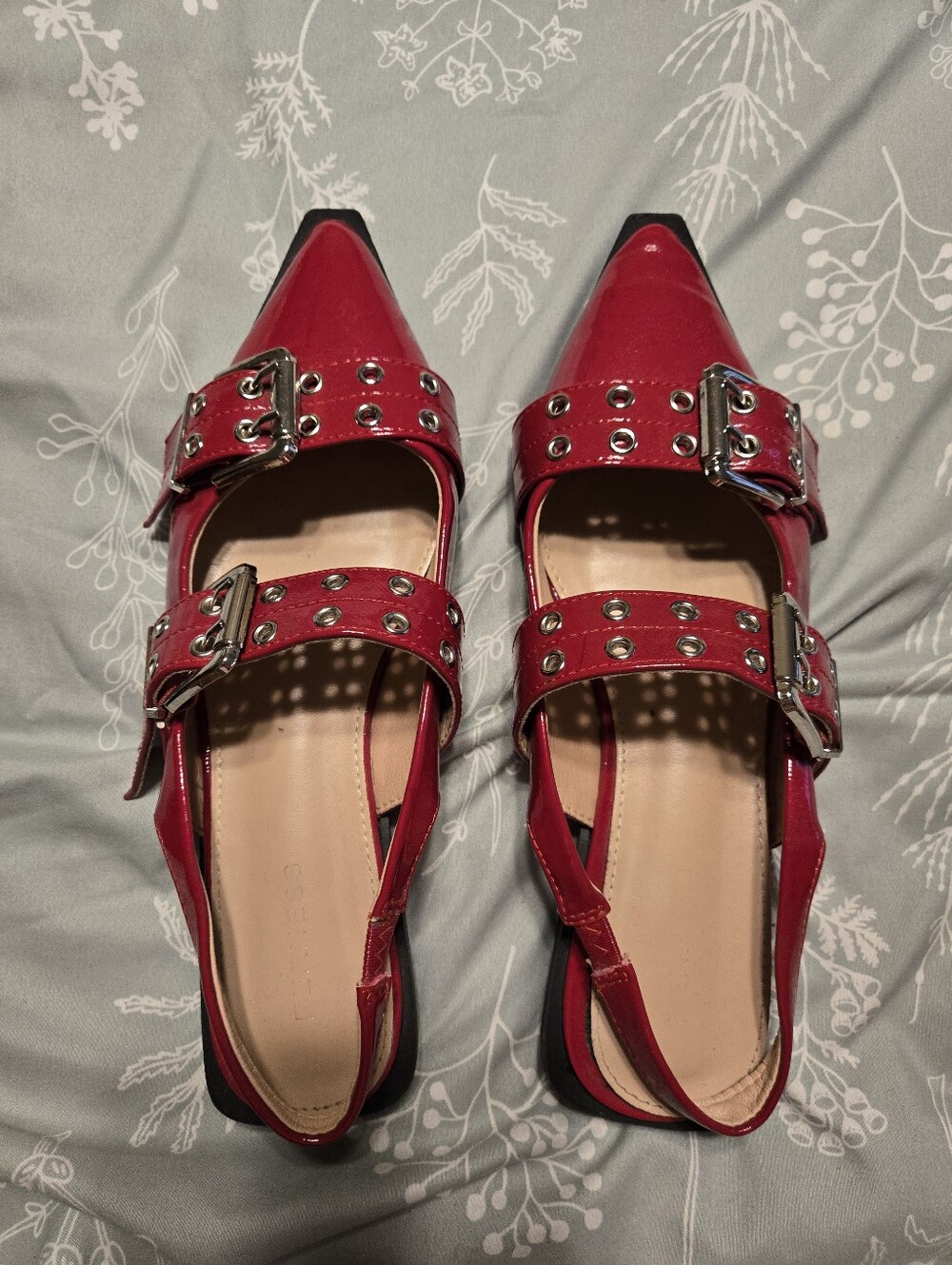 Berness Patent Red Pointed-Toe Slingback Flats with Buckle Straps
